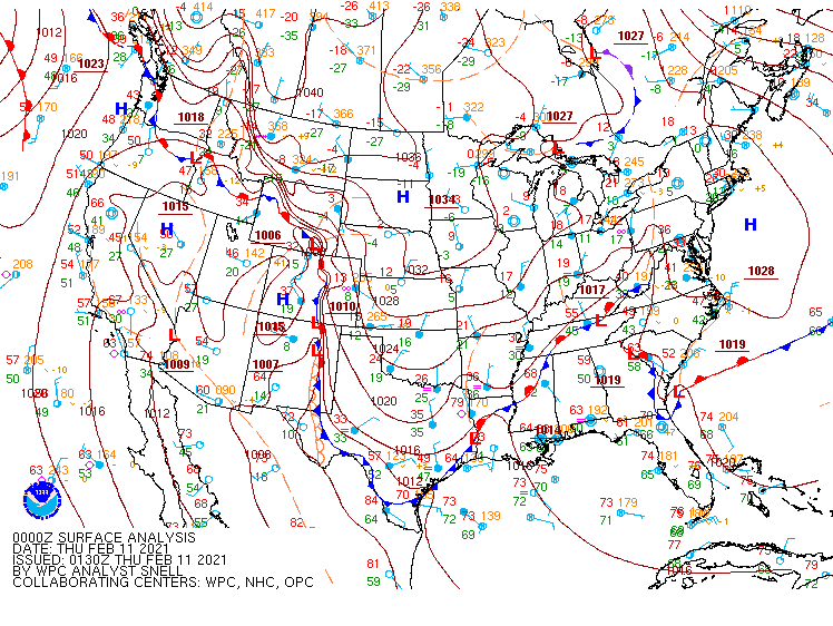 WPC surface analysis at 00z (6PM CST) on February 10, 2021